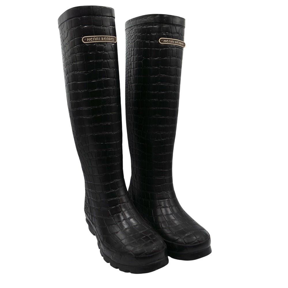 Henri Bendel Women's Black Crocodile Embossed Rubber Rain Boots Sz 7 Tall